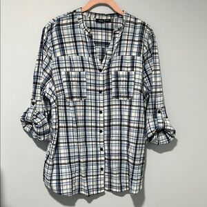 BASIC EDITIONS 1X 100% cotton, gauze top, 3/4 length sleeves, blues & greys